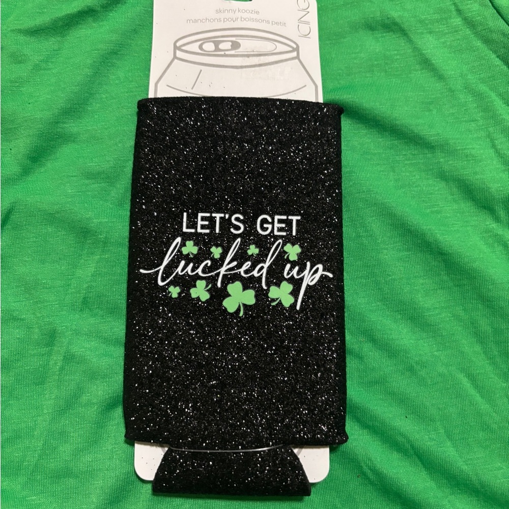 Skinny Koozie Black Glitter with Green Clovers